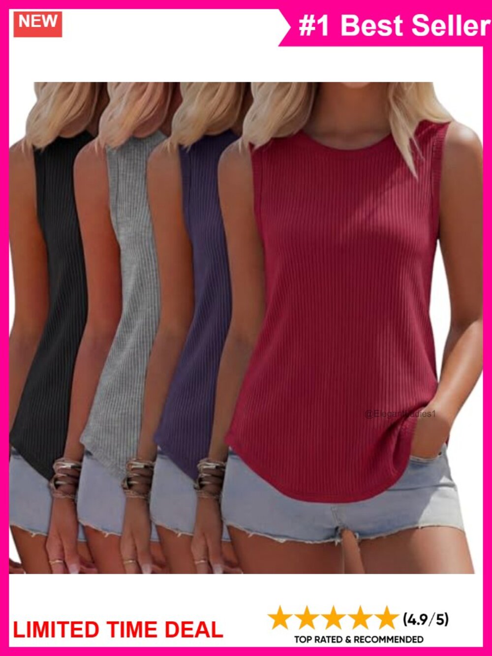 4 Pack Women Sleeveless Ribbed Tank Tops Slim Fit Crew Neck Summer Layering